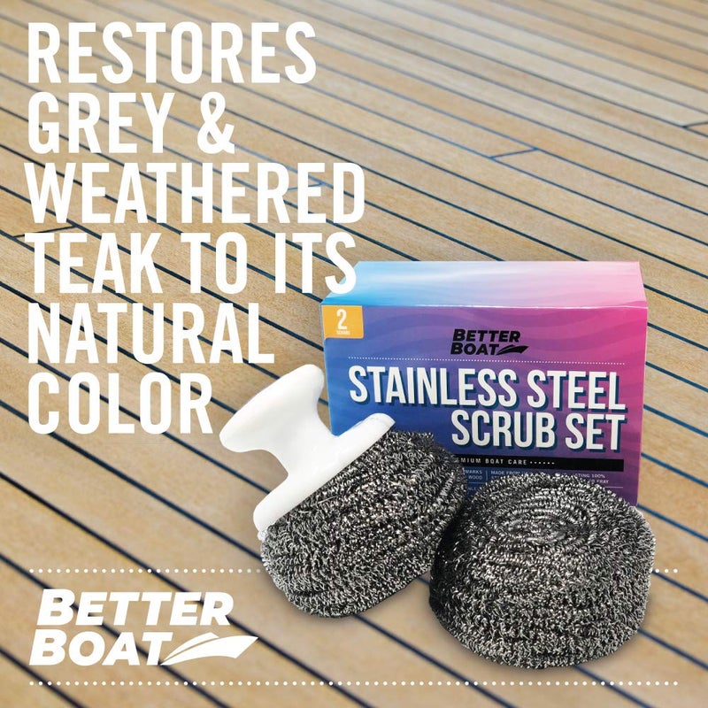 Better Boat Stainless Steel Scrubber Set, Marine Grade Steel Wool Scouring Pads with Brush Handle, Heavy Duty Cleaning Supplies for Kitchen, Dishes, Teak Wood, Outdoor Furniture, and Metal Tough Cleaning Tasks - Image 2